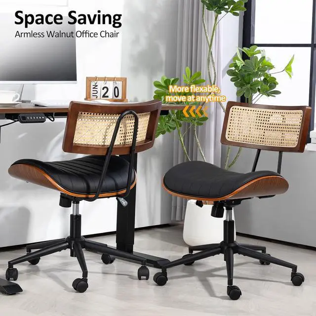 Alt view image 6 of 7 - Home Office Chair with Wheels, Adjustable Height Desk Chair with Rattan Backrest, Leather Swivel Computer Chair, Armless Modern Walnut Chair for Office, Meeting Room, Black