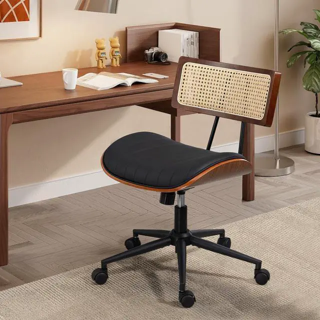 Alt view image 7 of 7 - Home Office Chair with Wheels, Adjustable Height Desk Chair with Rattan Backrest, Leather Swivel Computer Chair, Armless Modern Walnut Chair for Office, Meeting Room, Black