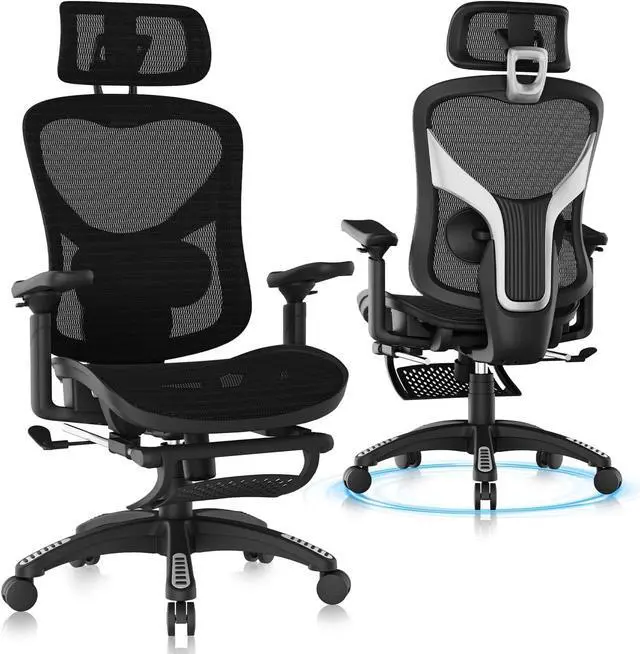 Main image of Ergonomic Home Mesh Chair with Footrest, Lumbar Height Adjustment & 215° Rotate Armrests, Recline Lock 90°120°, High-Back Big and Tall Computer Chair, Heavy-Duty Office Chair, Black