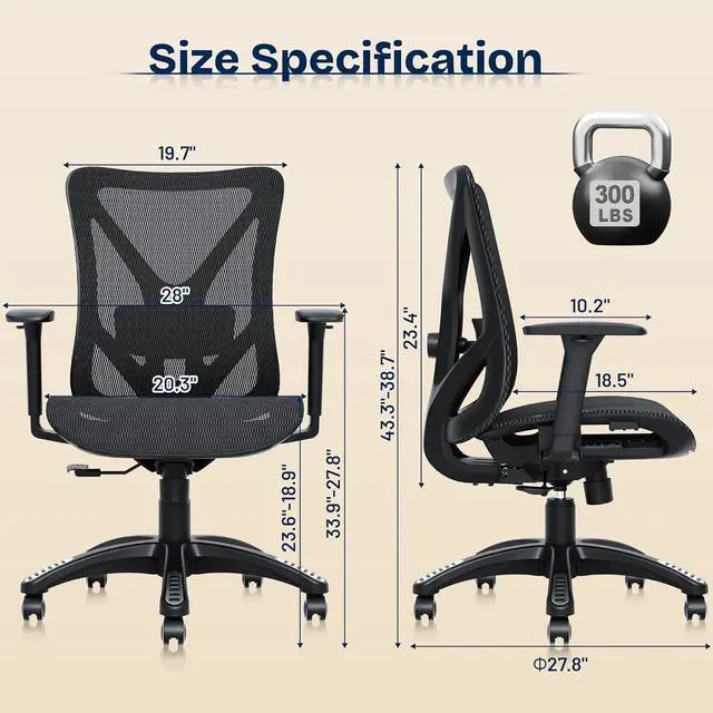 Alt view image 3 of 7 - Ergonomic Office Chair, Mesh Computer Desk Chairs with Adjustable Lumbar Support, 3D Armrests, Tilt Function, Comfy Wide Seat, Swivel Executive Work Task Chair for Company and Home