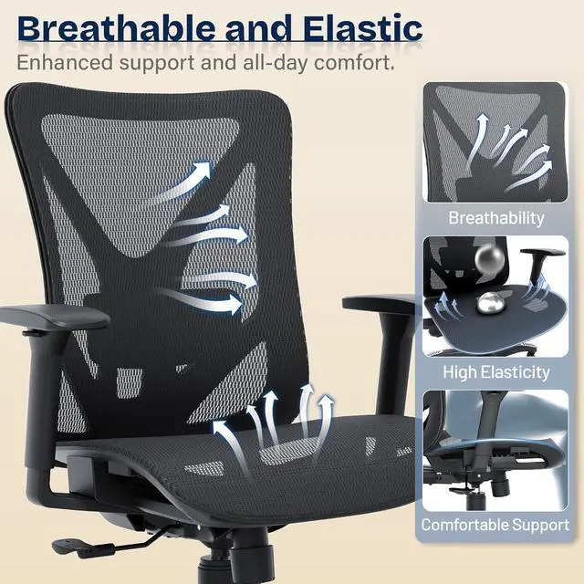 Alt view image 7 of 7 - Ergonomic Office Chair, Mesh Computer Desk Chairs with Adjustable Lumbar Support, 3D Armrests, Tilt Function, Comfy Wide Seat, Swivel Executive Work Task Chair for Company and Home