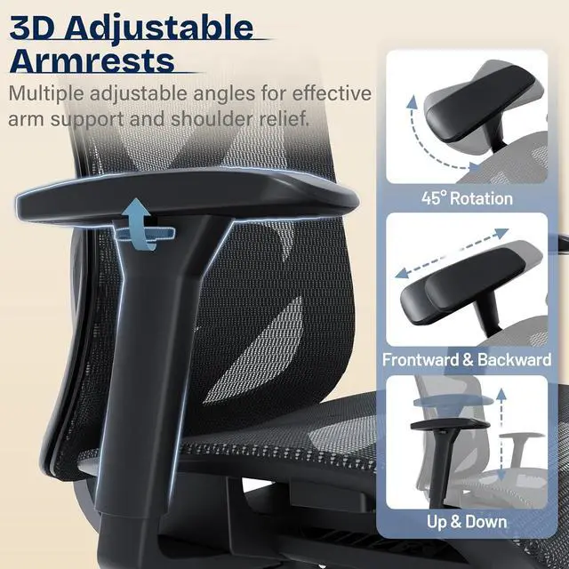 Alt view image 5 of 7 - Ergonomic Office Chair, Mesh Computer Desk Chairs with Adjustable Lumbar Support, 3D Armrests, Tilt Function, Comfy Wide Seat, Swivel Executive Work Task Chair for Company and Home