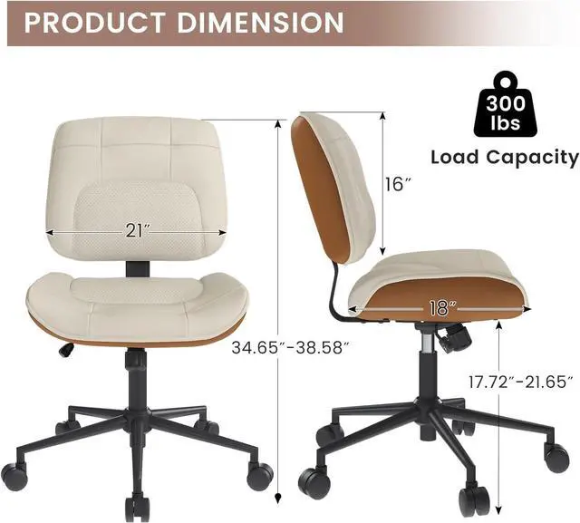 Alt view image 2 of 7 - Thickened Armless Office Chair with Wheels, Adjustable Height Vanity Chair PU Leather Mid Back 360° Swivel No Arms Ergonomic Computer Desk Chair for Home Meeting Bedroom Small Space - Beige