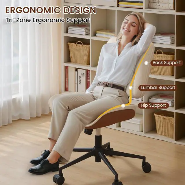 Alt view image 3 of 7 - Thickened Armless Office Chair with Wheels, Adjustable Height Vanity Chair PU Leather Mid Back 360° Swivel No Arms Ergonomic Computer Desk Chair for Home Meeting Bedroom Small Space - Beige