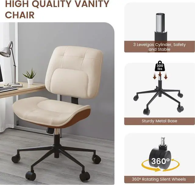 Alt view image 5 of 7 - Thickened Armless Office Chair with Wheels, Adjustable Height Vanity Chair PU Leather Mid Back 360° Swivel No Arms Ergonomic Computer Desk Chair for Home Meeting Bedroom Small Space - Beige