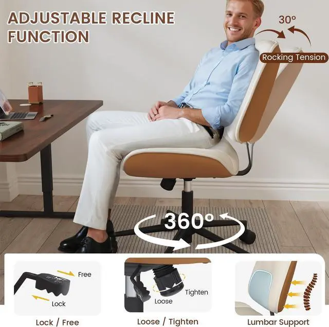 Alt view image 4 of 7 - Thickened Armless Office Chair with Wheels, Adjustable Height Vanity Chair PU Leather Mid Back 360° Swivel No Arms Ergonomic Computer Desk Chair for Home Meeting Bedroom Small Space - Beige