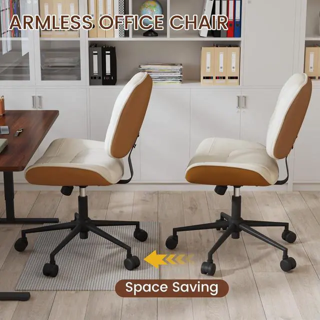 Alt view image 6 of 7 - Thickened Armless Office Chair with Wheels, Adjustable Height Vanity Chair PU Leather Mid Back 360° Swivel No Arms Ergonomic Computer Desk Chair for Home Meeting Bedroom Small Space - Beige