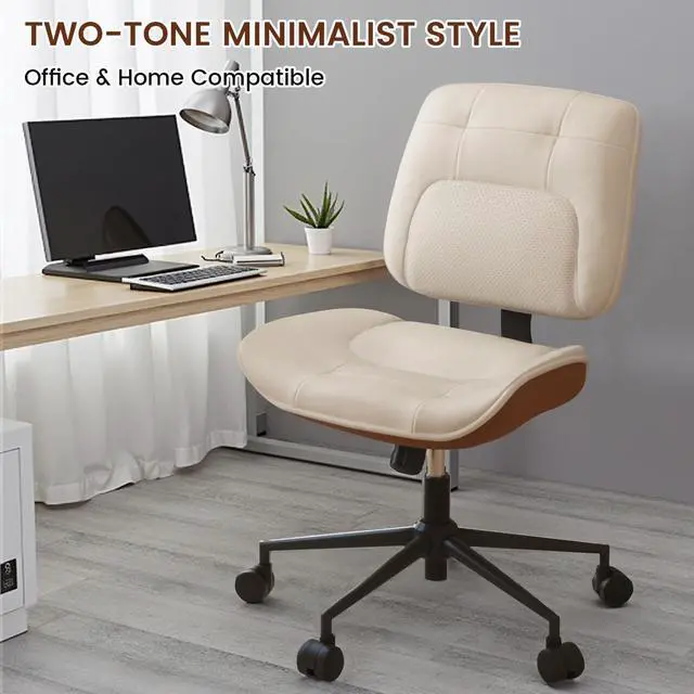 Alt view image 7 of 7 - Thickened Armless Office Chair with Wheels, Adjustable Height Vanity Chair PU Leather Mid Back 360° Swivel No Arms Ergonomic Computer Desk Chair for Home Meeting Bedroom Small Space - Beige