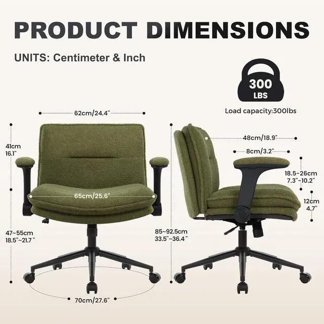 Alt view image 3 of 7 - Criss Cross Chair with Wheels and Flip-Up Arms,Cross Legged Office Chair, Ergonomic Desk Chairs with Fabric Padded, Height Adjustable Wide Seat Swivel Chair for Home Office, Bedroom Vanity (Green)