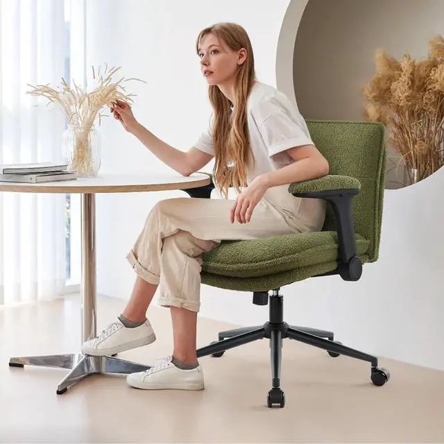 Alt view image 2 of 7 - Criss Cross Chair with Wheels and Flip-Up Arms,Cross Legged Office Chair, Ergonomic Desk Chairs with Fabric Padded, Height Adjustable Wide Seat Swivel Chair for Home Office, Bedroom Vanity (Green)