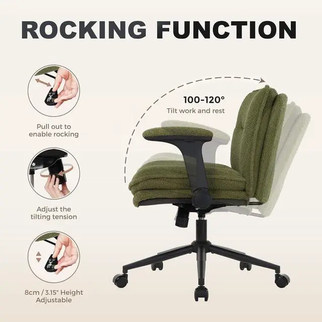 Alt view image 5 of 7 - Criss Cross Chair with Wheels and Flip-Up Arms,Cross Legged Office Chair, Ergonomic Desk Chairs with Fabric Padded, Height Adjustable Wide Seat Swivel Chair for Home Office, Bedroom Vanity (Green)