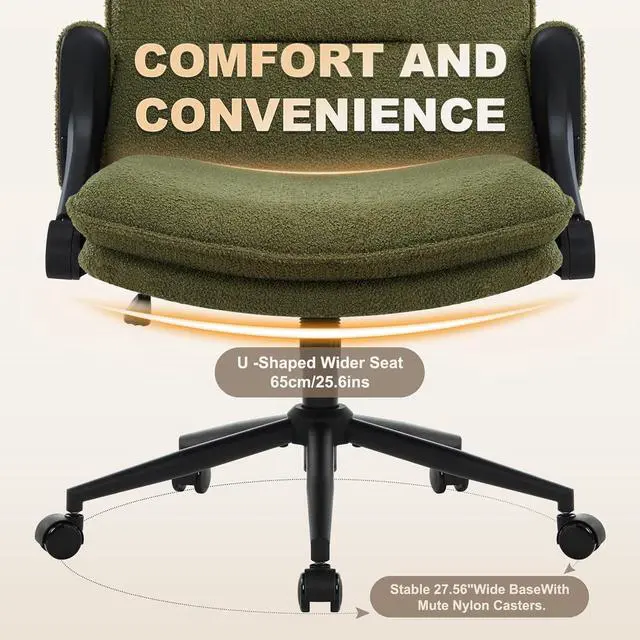 Alt view image 6 of 7 - Criss Cross Chair with Wheels and Flip-Up Arms,Cross Legged Office Chair, Ergonomic Desk Chairs with Fabric Padded, Height Adjustable Wide Seat Swivel Chair for Home Office, Bedroom Vanity (Green)