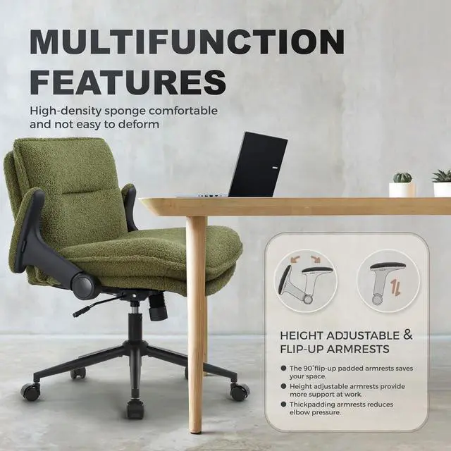 Alt view image 4 of 7 - Criss Cross Chair with Wheels and Flip-Up Arms,Cross Legged Office Chair, Ergonomic Desk Chairs with Fabric Padded, Height Adjustable Wide Seat Swivel Chair for Home Office, Bedroom Vanity (Green)