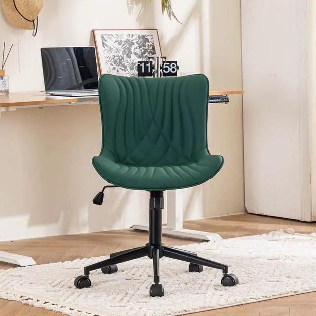 Main image of YOUTASTE Dark Green Armless Office Chair, Modern Adjustable Swivel Desk Chair with Wheels, Upholstered PU Leather, Black Metal Legs, Back Support for Home Office, Study, Vanity, Bedroom