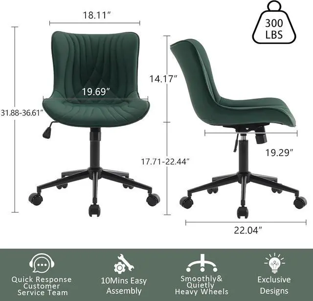 Alt view image 2 of 7 - YOUTASTE Dark Green Armless Office Chair, Modern Adjustable Swivel Desk Chair with Wheels, Upholstered PU Leather, Black Metal Legs, Back Support for Home Office, Study, Vanity, Bedroom
