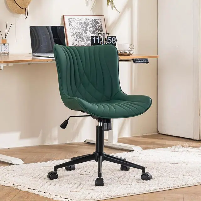 Alt view image 3 of 7 - YOUTASTE Dark Green Armless Office Chair, Modern Adjustable Swivel Desk Chair with Wheels, Upholstered PU Leather, Black Metal Legs, Back Support for Home Office, Study, Vanity, Bedroom