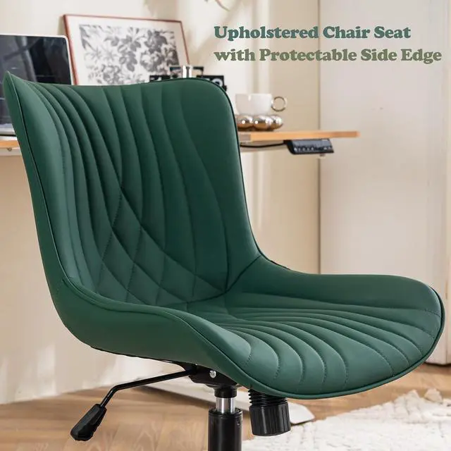 Alt view image 4 of 7 - YOUTASTE Dark Green Armless Office Chair, Modern Adjustable Swivel Desk Chair with Wheels, Upholstered PU Leather, Black Metal Legs, Back Support for Home Office, Study, Vanity, Bedroom