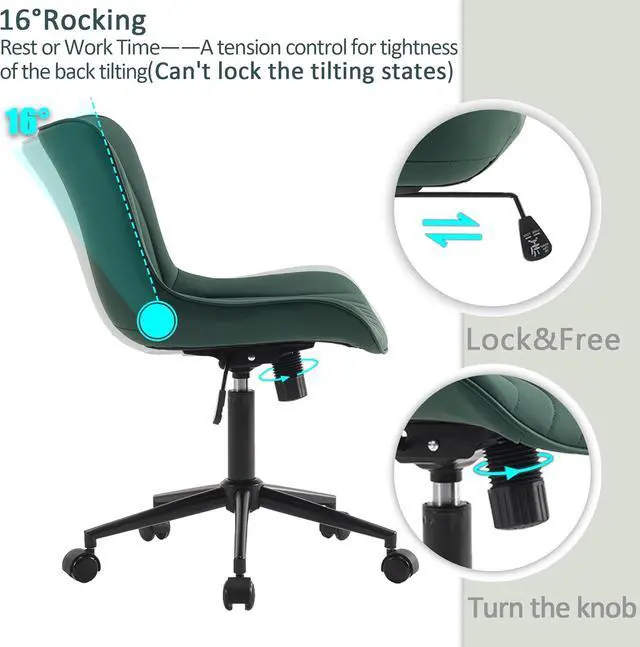 Alt view image 5 of 7 - YOUTASTE Dark Green Armless Office Chair, Modern Adjustable Swivel Desk Chair with Wheels, Upholstered PU Leather, Black Metal Legs, Back Support for Home Office, Study, Vanity, Bedroom