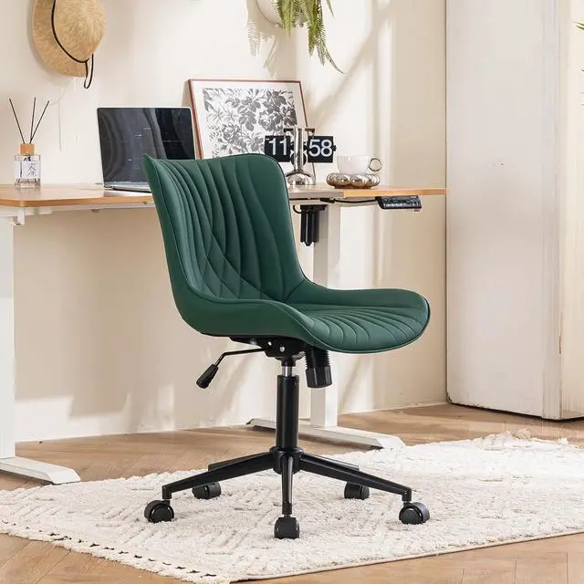 Alt view image 7 of 7 - YOUTASTE Dark Green Armless Office Chair, Modern Adjustable Swivel Desk Chair with Wheels, Upholstered PU Leather, Black Metal Legs, Back Support for Home Office, Study, Vanity, Bedroom