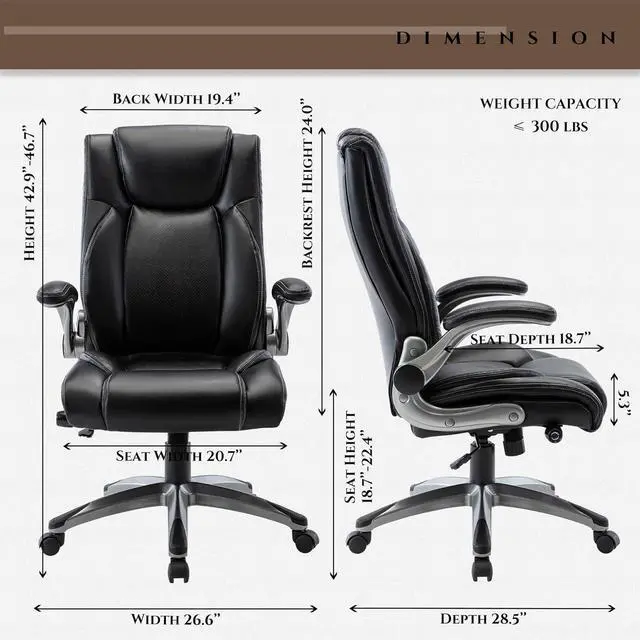 Alt view image 3 of 7 - COLAMY High Back Leather Office Chair with Adjustable Lumbar Support Knob, Flip-Up Armrests, Thick Cushioned Seat, Rocking Function, Ergonomic Desk Chair for Home Office or Study, Black
