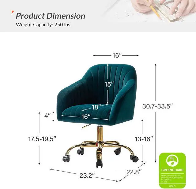 Alt view image 2 of 6 - HULALA HOME Velvet Home Office Desk Chair, Modern Cute Computer Task Chair, Wheels Swivel Height Adjustable Upholstered Vanity Chair for Women, Girls (Gold Base, Teal)