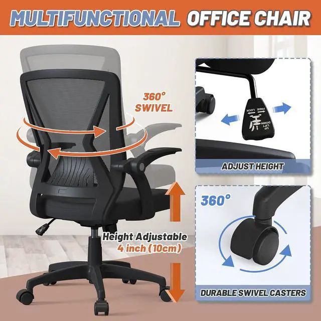 Alt view image 3 of 6 - Mesh Ergonomic Swivel Home Office Computer Desk Chair with Height Adjustable Flips Up Arms