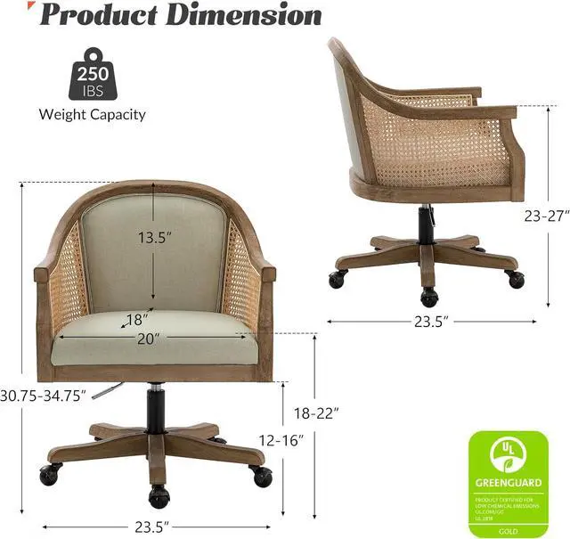 Alt view image 2 of 7 - HULALA HOME Rattan Desk Chair, Upholstered Home Office Chair, Vintage Office Chair with Armrest, Adjustable Swivel Rolling Height Task Chair for Living Room Bedroom Study Room, Linen