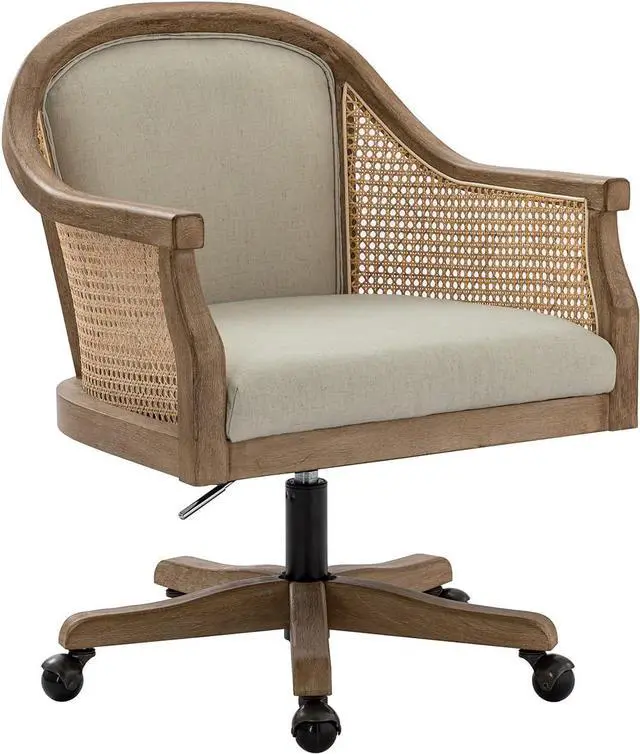 Alt view image 3 of 7 - HULALA HOME Rattan Desk Chair, Upholstered Home Office Chair, Vintage Office Chair with Armrest, Adjustable Swivel Rolling Height Task Chair for Living Room Bedroom Study Room, Linen