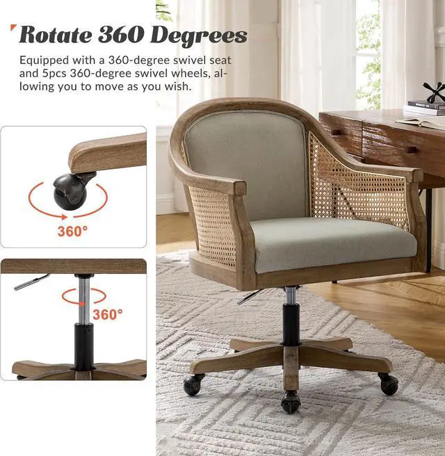 Alt view image 4 of 7 - HULALA HOME Rattan Desk Chair, Upholstered Home Office Chair, Vintage Office Chair with Armrest, Adjustable Swivel Rolling Height Task Chair for Living Room Bedroom Study Room, Linen