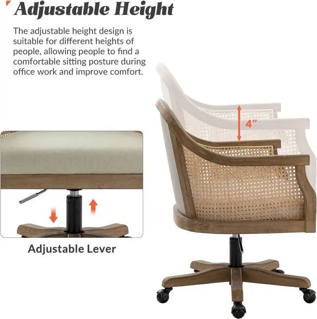 Alt view image 5 of 7 - HULALA HOME Rattan Desk Chair, Upholstered Home Office Chair, Vintage Office Chair with Armrest, Adjustable Swivel Rolling Height Task Chair for Living Room Bedroom Study Room, Linen