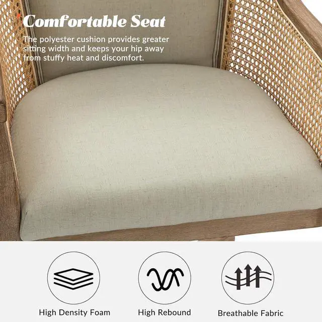 Alt view image 6 of 7 - HULALA HOME Rattan Desk Chair, Upholstered Home Office Chair, Vintage Office Chair with Armrest, Adjustable Swivel Rolling Height Task Chair for Living Room Bedroom Study Room, Linen
