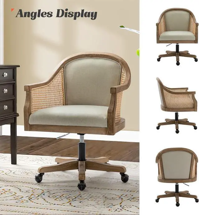 Alt view image 7 of 7 - HULALA HOME Rattan Desk Chair, Upholstered Home Office Chair, Vintage Office Chair with Armrest, Adjustable Swivel Rolling Height Task Chair for Living Room Bedroom Study Room, Linen