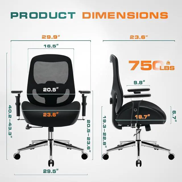 Alt view image 3 of 7 - 750lbs Big and Tall Office Chair with Wide Thick Seat Cushion for Heavy People Ergonomic Computer Mesh Desk Chairs with 4D Armrests, Adjustable Lumbar Support for Adults 8 Hours daliy Work