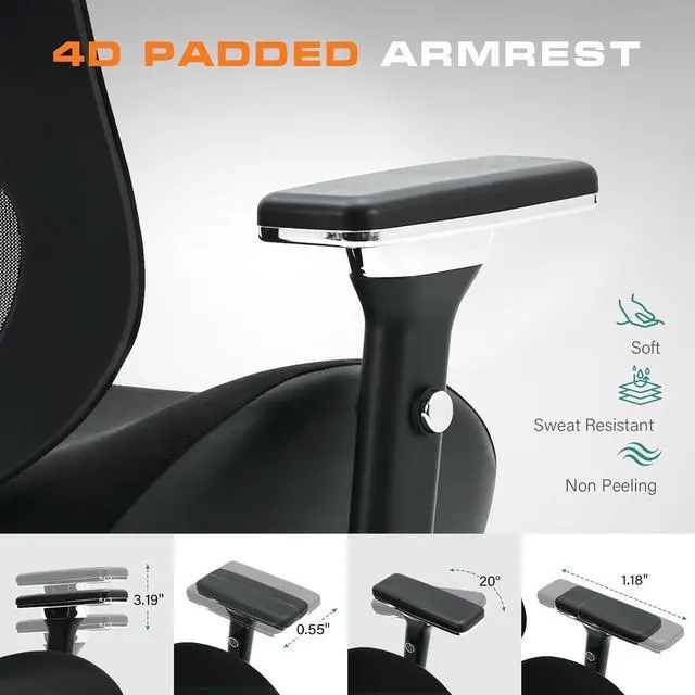 Alt view image 5 of 7 - 750lbs Big and Tall Office Chair with Wide Thick Seat Cushion for Heavy People Ergonomic Computer Mesh Desk Chairs with 4D Armrests, Adjustable Lumbar Support for Adults 8 Hours daliy Work