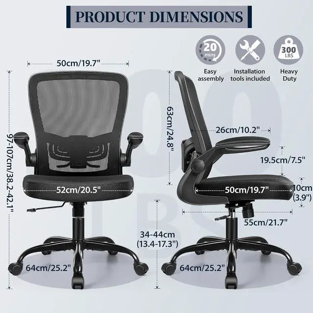 Alt view image 3 of 7 - FelixKing Office Chair - Ergonomic Desk Chair with Adjustable Height, 360° Swivel, Flip-up Armrests, Flexible Tilt, Comfy Breathable Cushion and Fabric, Lumbar Support, for Home Conference Room Office