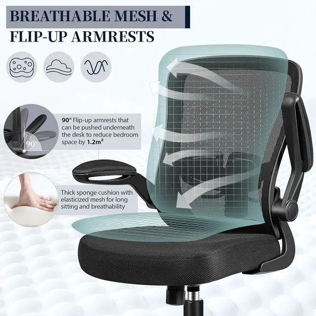 Alt view image 4 of 7 - FelixKing Office Chair - Ergonomic Desk Chair with Adjustable Height, 360° Swivel, Flip-up Armrests, Flexible Tilt, Comfy Breathable Cushion and Fabric, Lumbar Support, for Home Conference Room Office