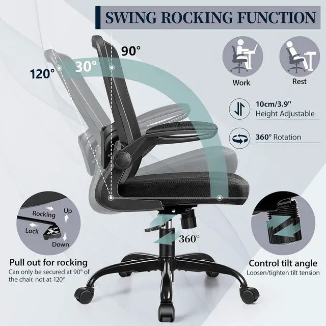 Alt view image 6 of 7 - FelixKing Office Chair - Ergonomic Desk Chair with Adjustable Height, 360° Swivel, Flip-up Armrests, Flexible Tilt, Comfy Breathable Cushion and Fabric, Lumbar Support, for Home Conference Room Office