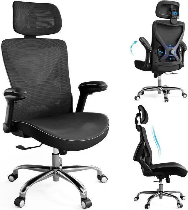 Main image of Ergonomic Office Chair-Computer X-Shaped Chair Mesh PU Leather with Adjustable Lumbar Support-Executive Desk Chair High Back with Headrest Flip-Up Arms for Long Hours (Black)