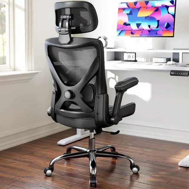 Alt view image 2 of 7 - Ergonomic Office Chair-Computer X-Shaped Chair Mesh PU Leather with Adjustable Lumbar Support-Executive Desk Chair High Back with Headrest Flip-Up Arms for Long Hours (Black)