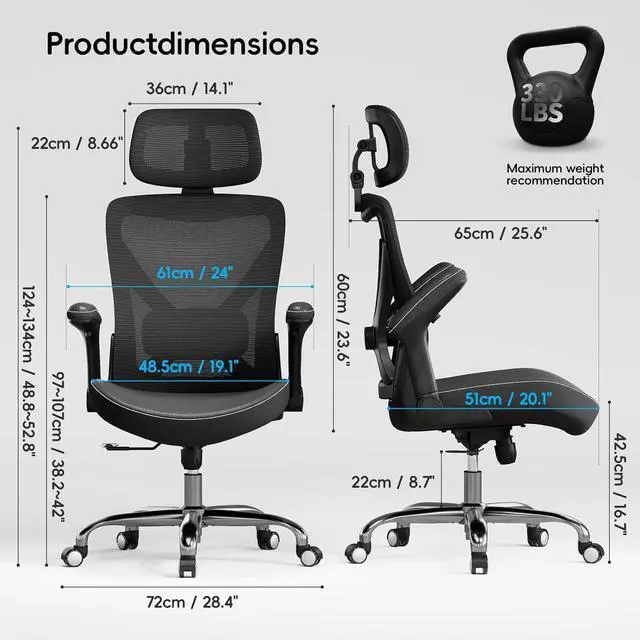 Alt view image 3 of 7 - Ergonomic Office Chair-Computer X-Shaped Chair Mesh PU Leather with Adjustable Lumbar Support-Executive Desk Chair High Back with Headrest Flip-Up Arms for Long Hours (Black)