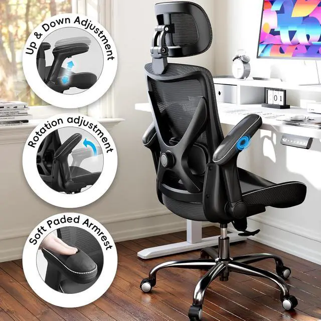 Alt view image 4 of 7 - Ergonomic Office Chair-Computer X-Shaped Chair Mesh PU Leather with Adjustable Lumbar Support-Executive Desk Chair High Back with Headrest Flip-Up Arms for Long Hours (Black)