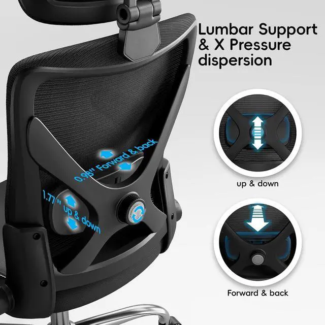 Alt view image 6 of 7 - Ergonomic Office Chair-Computer X-Shaped Chair Mesh PU Leather with Adjustable Lumbar Support-Executive Desk Chair High Back with Headrest Flip-Up Arms for Long Hours (Black)