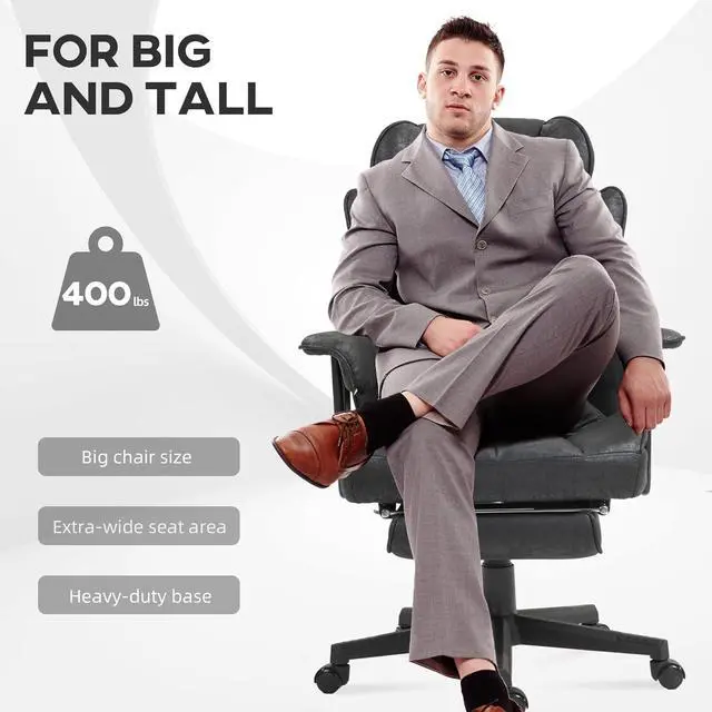 Alt view image 4 of 7 - HOMCOM Massage Executive Office Chair with 6 Vibration Points, 400LBS Heated Big and Tall Office Chair with Foot Rest and Lumbar Support, Microfiber Reclining Computer Desk Chair, Black