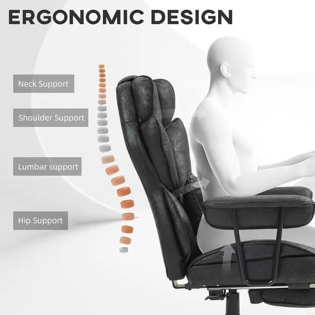 Alt view image 5 of 7 - HOMCOM Massage Executive Office Chair with 6 Vibration Points, 400LBS Heated Big and Tall Office Chair with Foot Rest and Lumbar Support, Microfiber Reclining Computer Desk Chair, Black