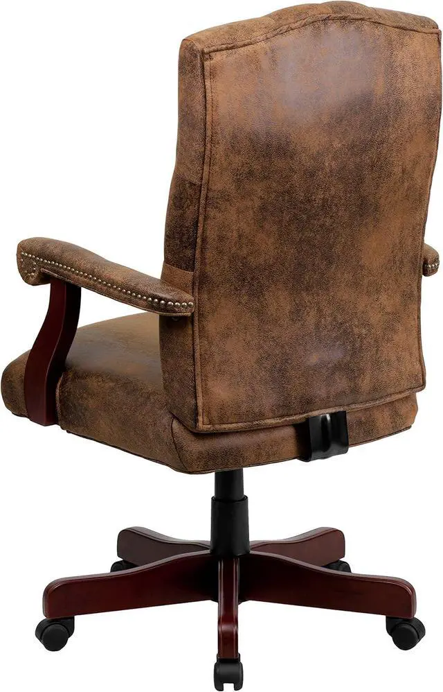 Alt view image 5 of 7 - Flash Furniture Derrick Traditional Microfiber Tufted Swivel Office Chair with Wood Base, Ergonomic Farmhouse High-Back Desk Chair, Bomber Brown