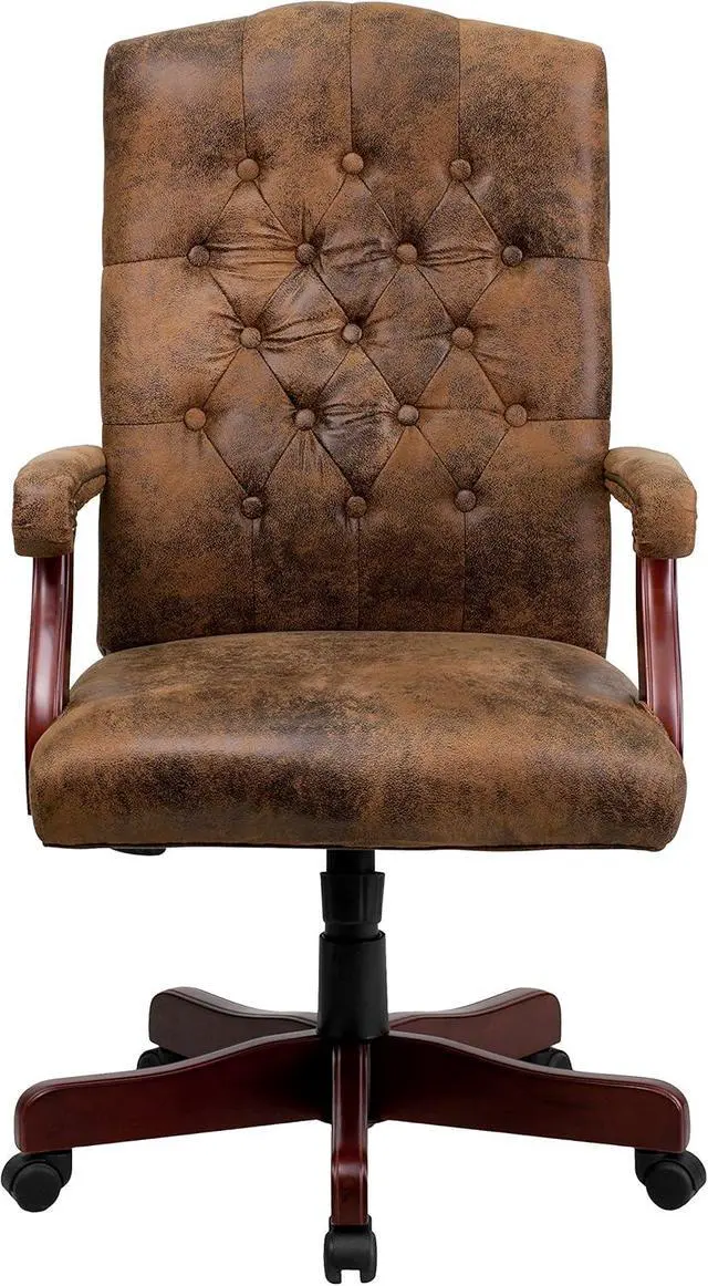 Alt view image 7 of 7 - Flash Furniture Derrick Traditional Microfiber Tufted Swivel Office Chair with Wood Base, Ergonomic Farmhouse High-Back Desk Chair, Bomber Brown
