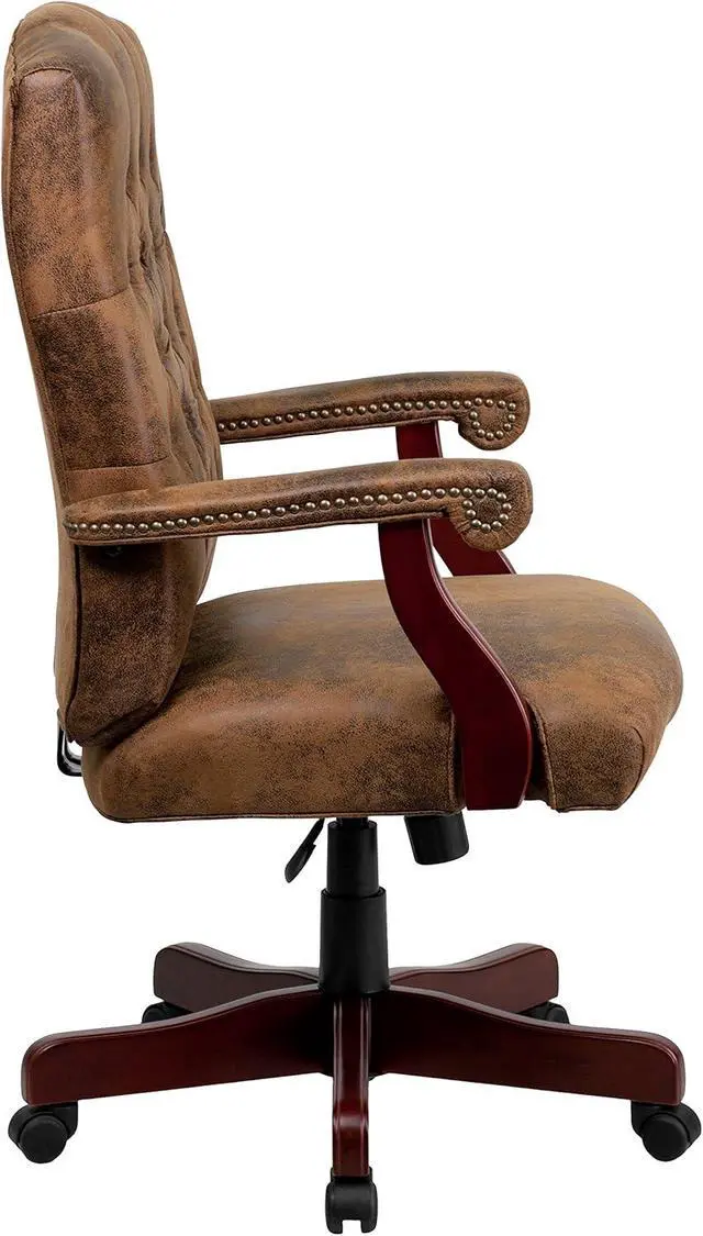 Alt view image 6 of 7 - Flash Furniture Derrick Traditional Microfiber Tufted Swivel Office Chair with Wood Base, Ergonomic Farmhouse High-Back Desk Chair, Bomber Brown