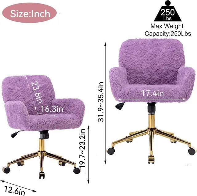 Alt view image 2 of 7 - Henf Purple Faux Fur Upholstered Desk Chair Makeup Vanity Chair for Girls,Swivel Office Chair with Gold Base,Height Adjustable Tiltable Computer Chair,Cute Desk Chair for Kids