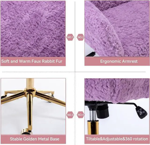 Alt view image 5 of 7 - Henf Purple Faux Fur Upholstered Desk Chair Makeup Vanity Chair for Girls,Swivel Office Chair with Gold Base,Height Adjustable Tiltable Computer Chair,Cute Desk Chair for Kids