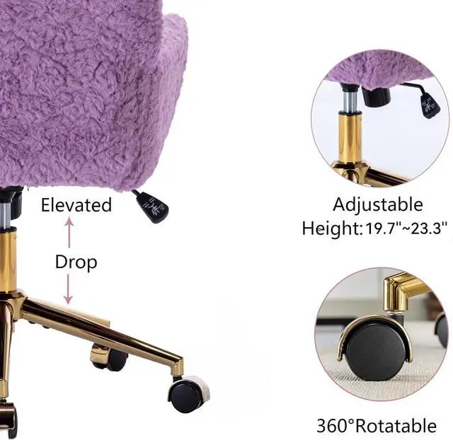 Alt view image 6 of 7 - Henf Purple Faux Fur Upholstered Desk Chair Makeup Vanity Chair for Girls,Swivel Office Chair with Gold Base,Height Adjustable Tiltable Computer Chair,Cute Desk Chair for Kids